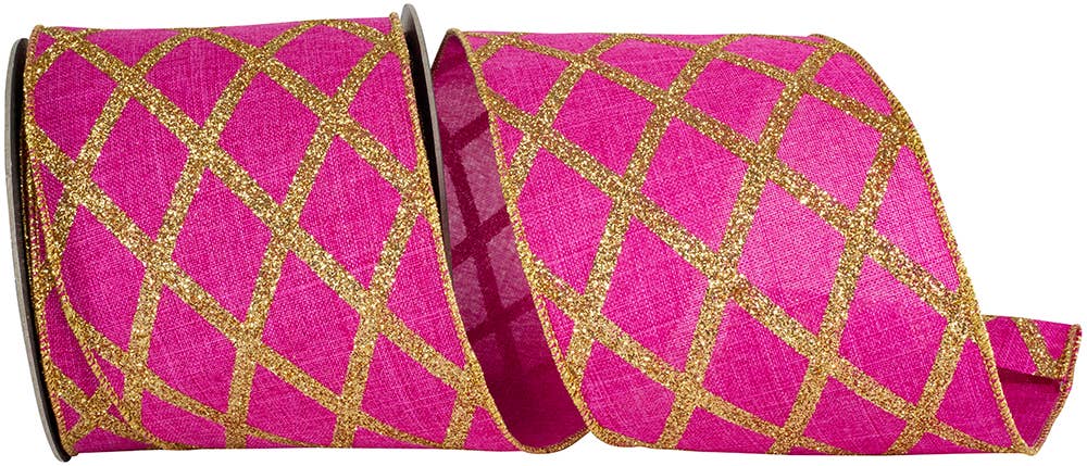 Lattice Diamond Glitter Linen Wired Edge, Fuchsia, 4 In