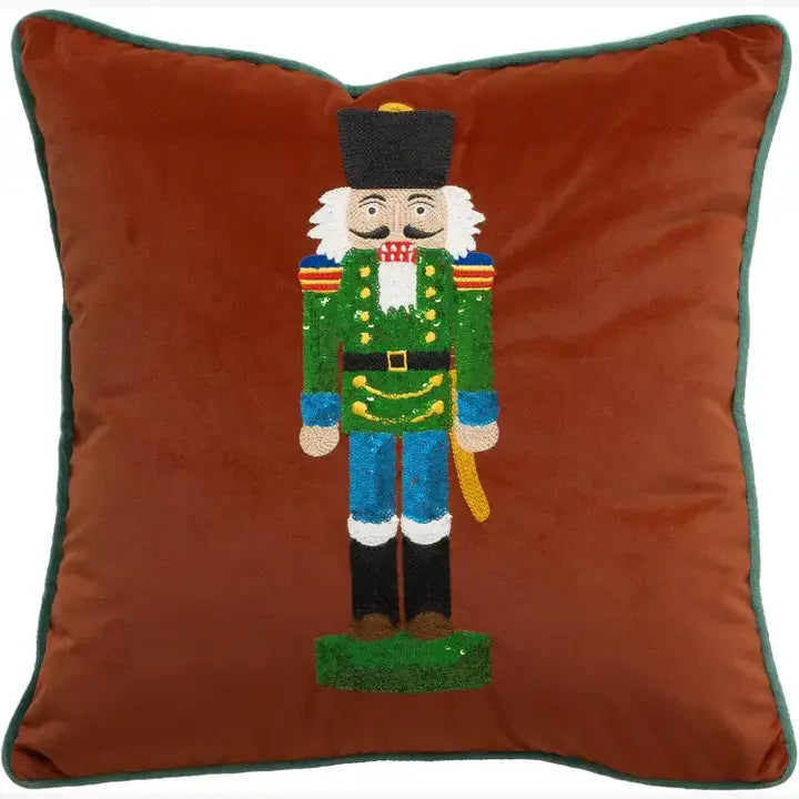 Brown Embroidered Nutcracker Velvet 18" Throw Pillow