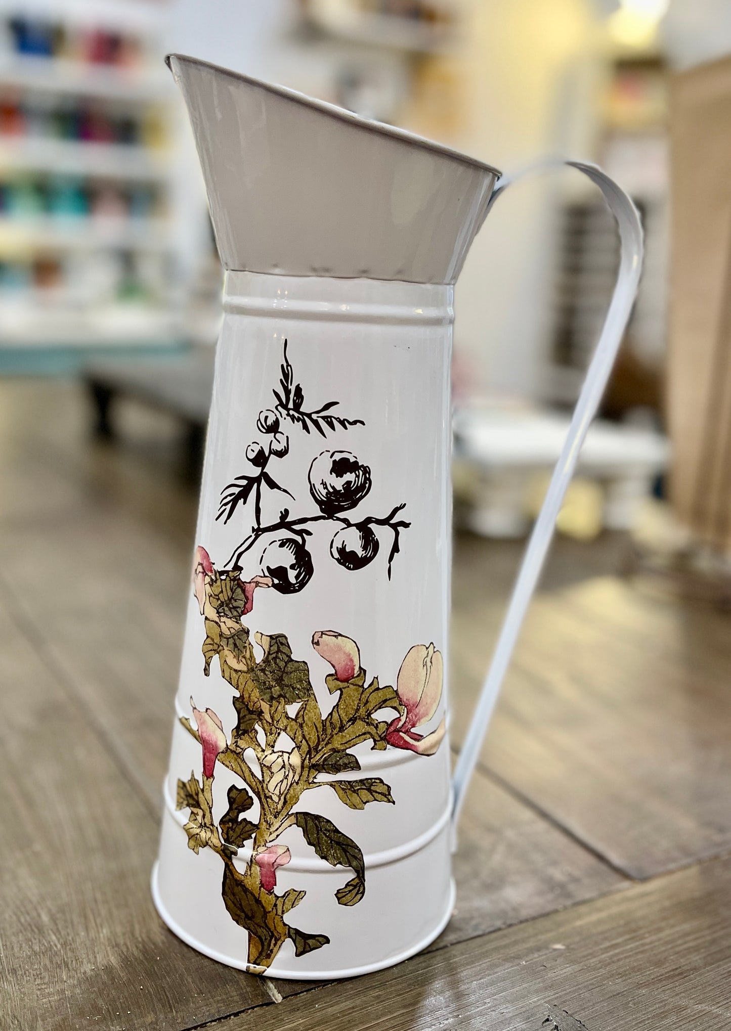 Tall White Floral Pitcher
