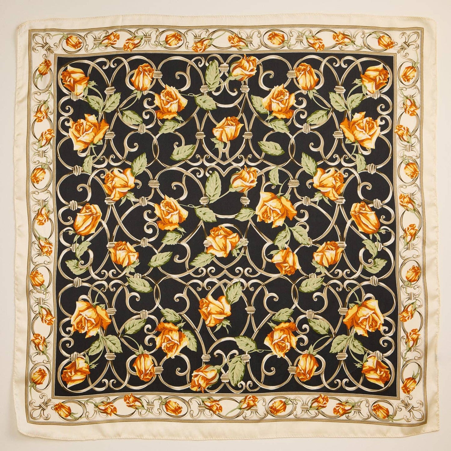 Baroque Rose Print Scarf – Elegant Floral Silk-Feel Square Scarf