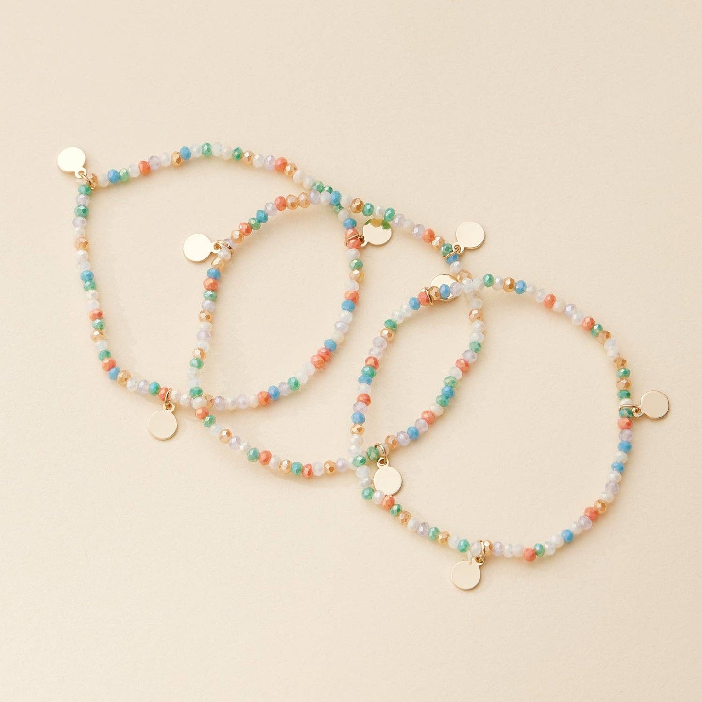 Delicate Beaded Charm Bracelet Set – Elegant Stackable Design with Gold Disc Accents