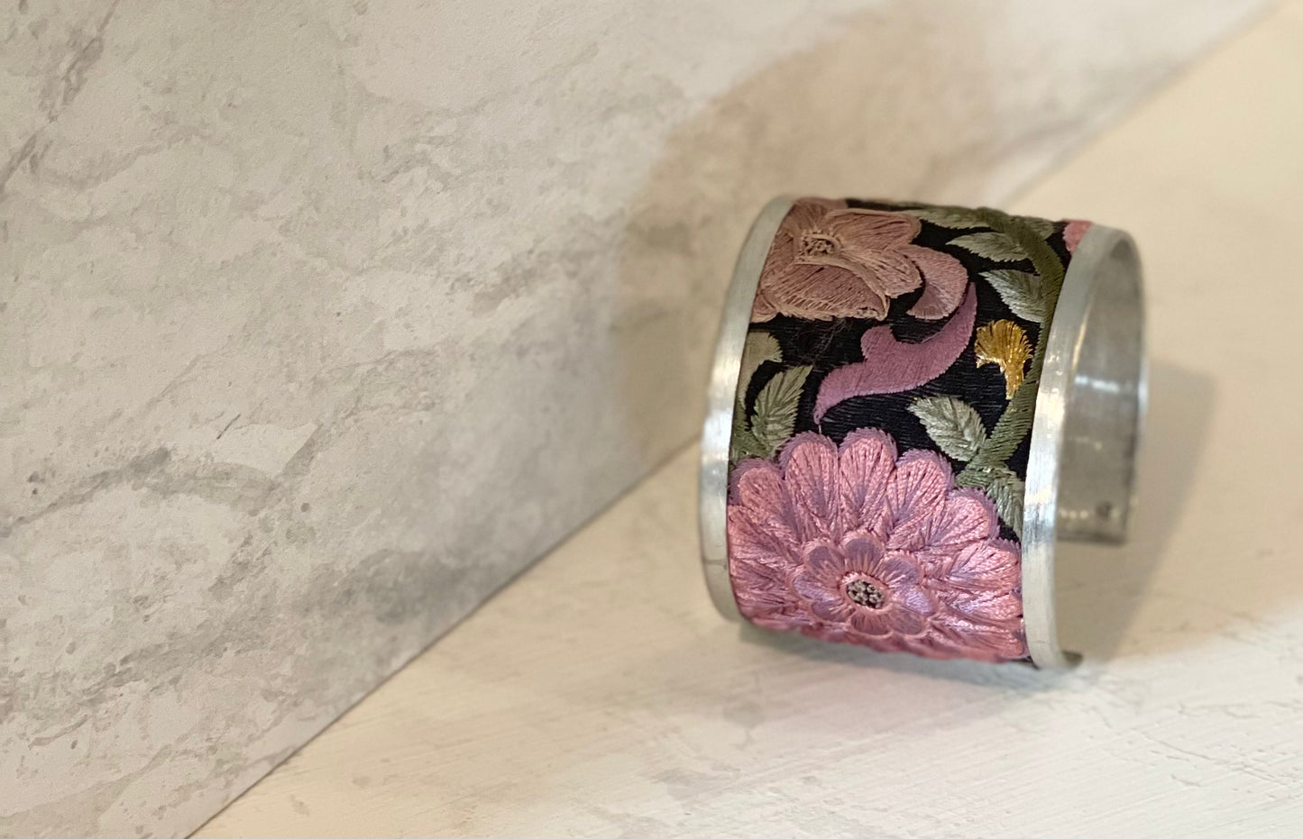 Purple Flower Embroidered Elegance Cuff Bracelet