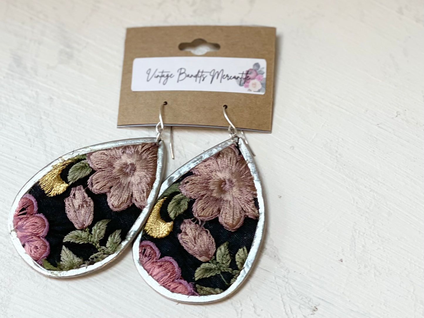 Pink Floral Embroidered Elegance Silver Teardrop Earring