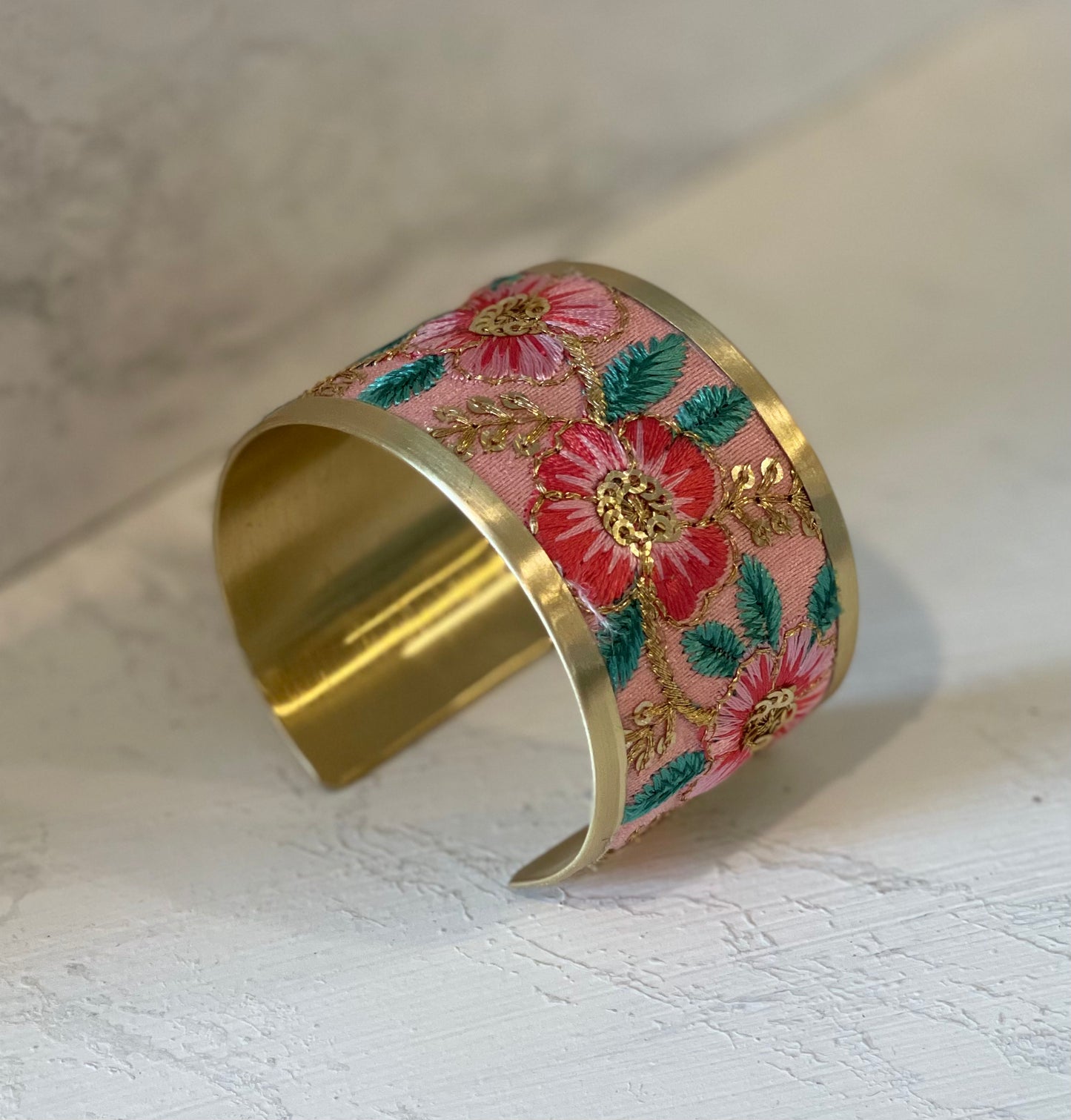 Soft Pink Floral Embroidered Cuff Bracelet
