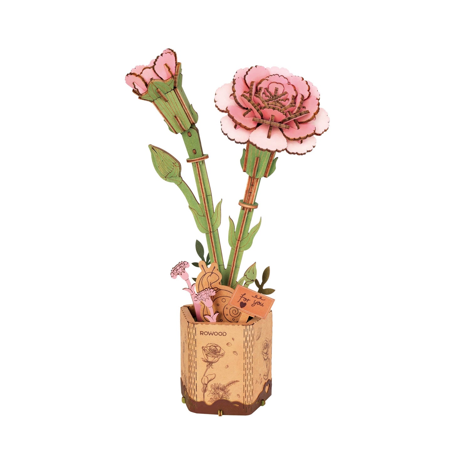 Pink Carnation 3D Wooden Flower Puzzle