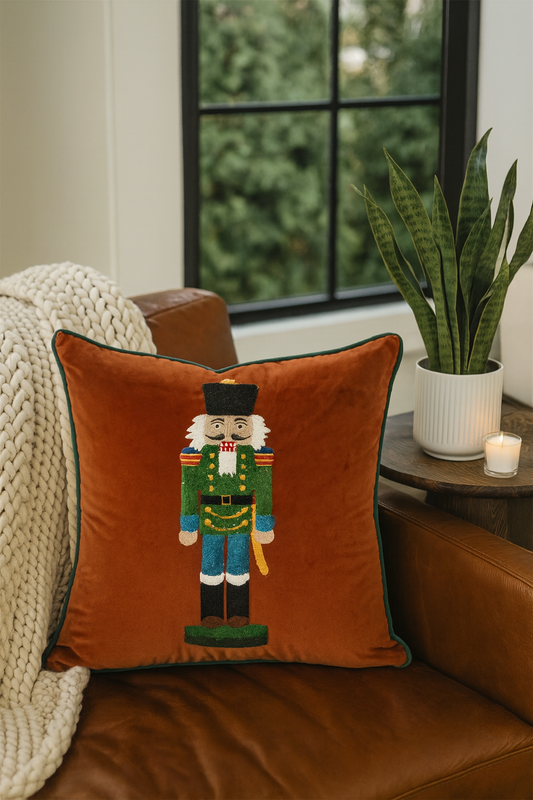 Brown Embroidered Nutcracker Velvet 18" Throw Pillow