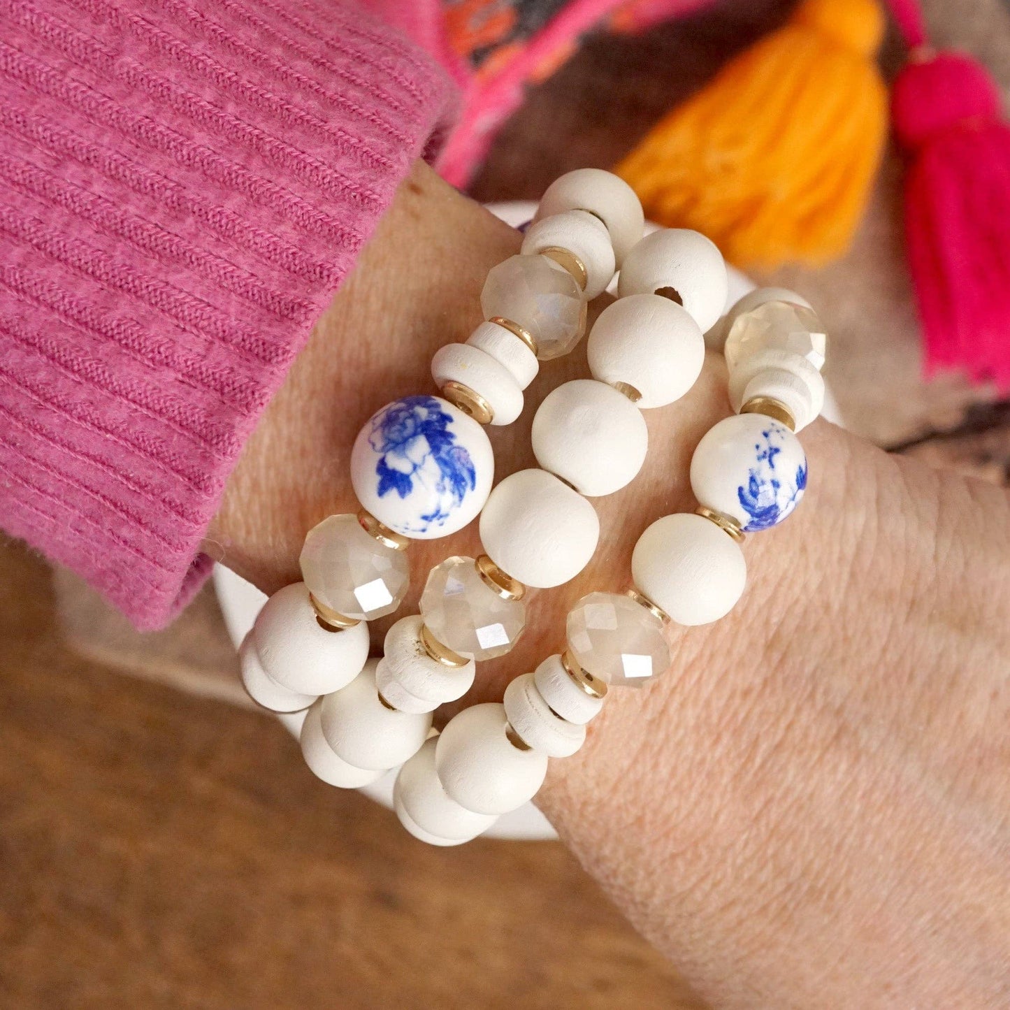 Blue Chinoiserie Wooden Glass Beads Bracelets Stack of 3 White Periwinkle