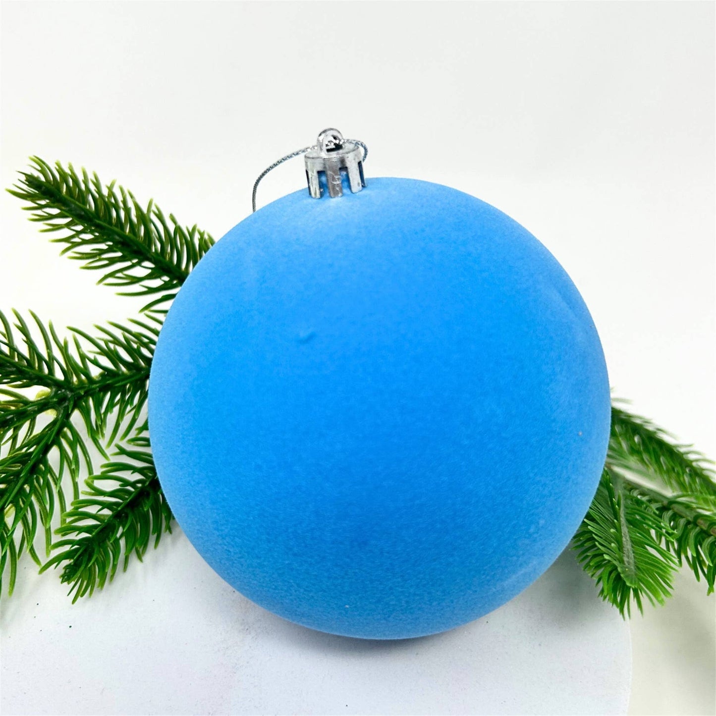 Plastic Flocked Ball Ornament - Ice Blue 4"