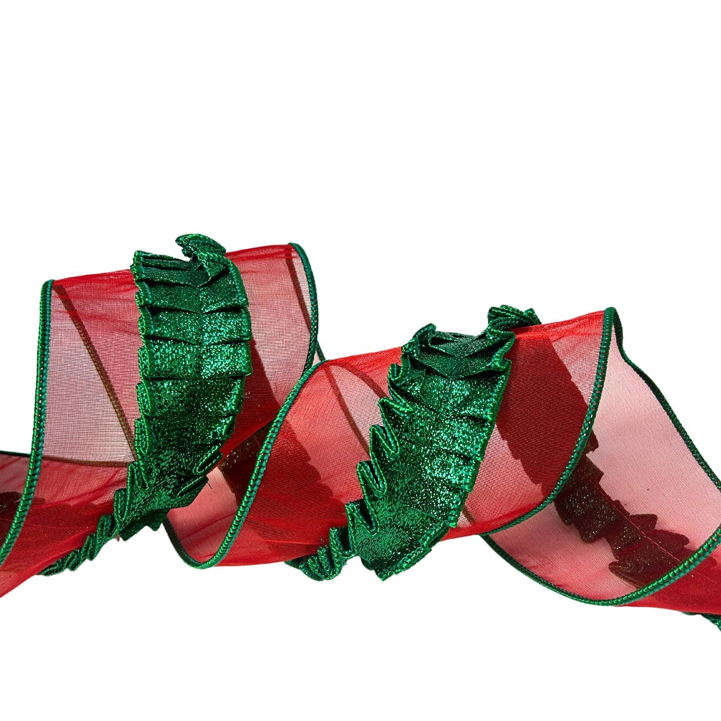 RED SHEER EMERALD RUFFLE CENTER RIBBON 4"X10YD