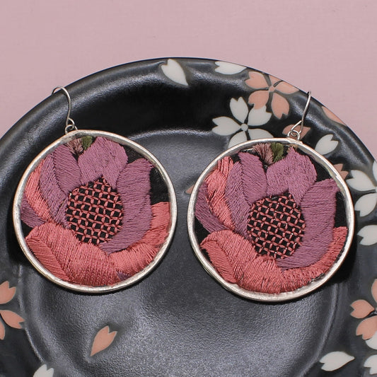 Round Embroidered Pink Flower Black background Silver Earrings