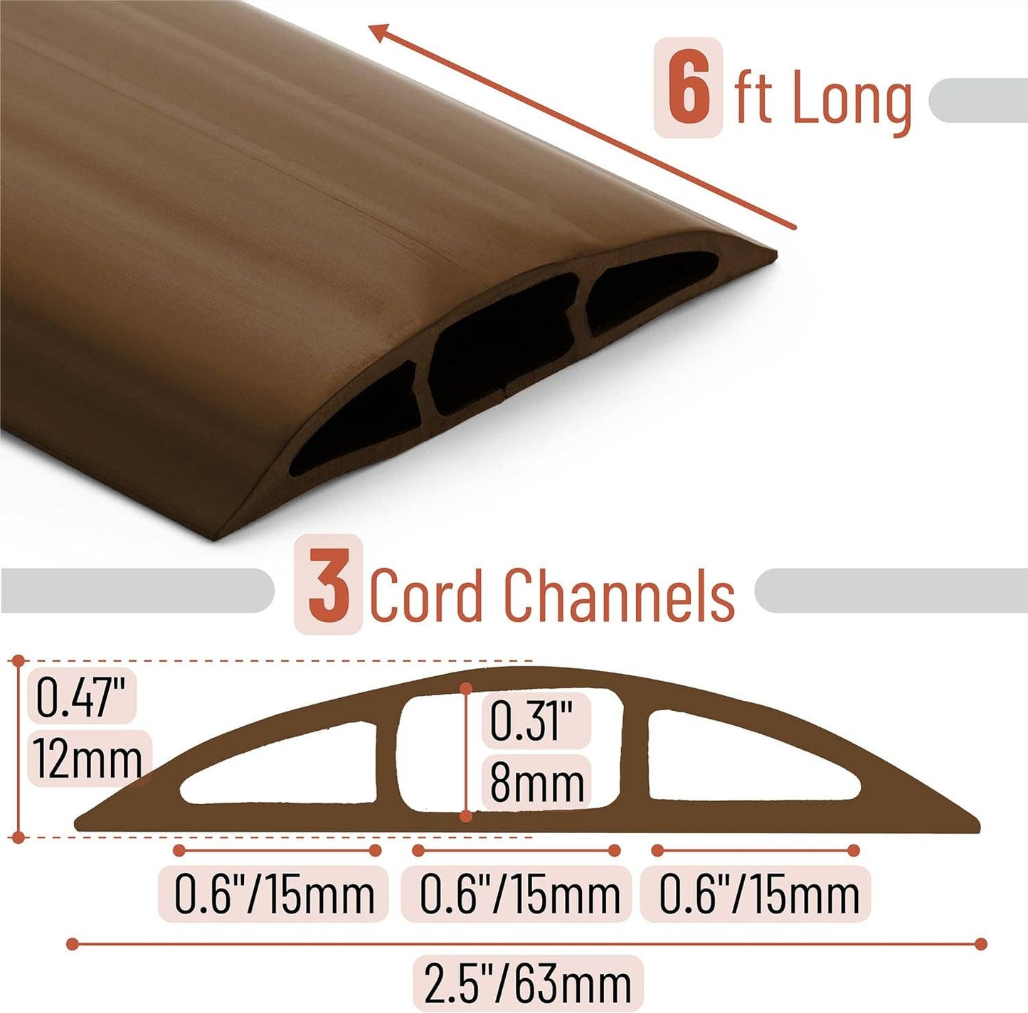 Bates- Floor Cord Cover, 6ft Cable Cover, Brown