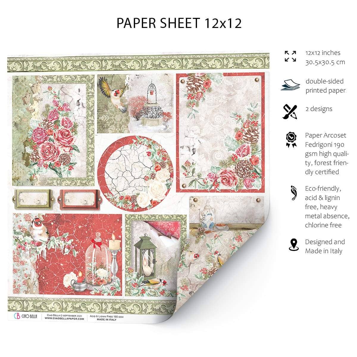 Ciao Bella Frozen Roses Cards Paper Sheet 12"x12"