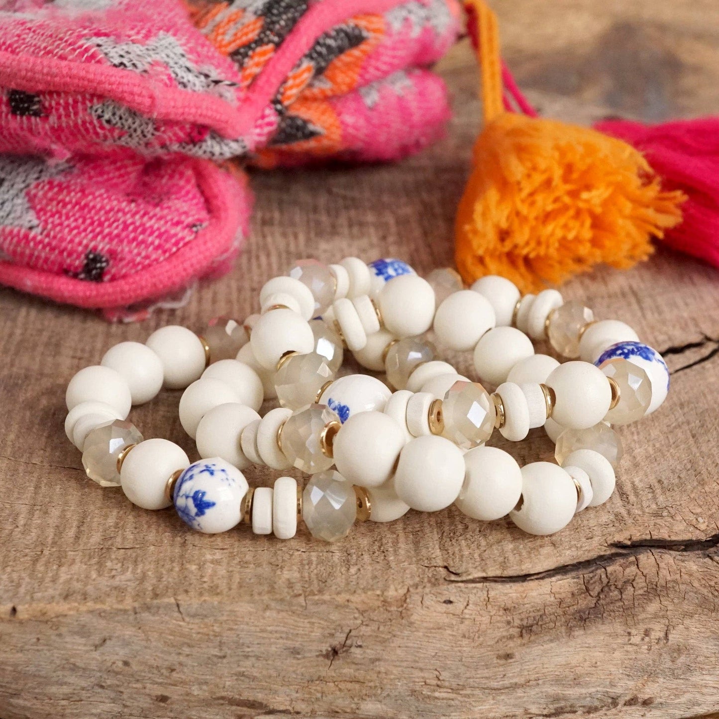 Blue Chinoiserie Wooden Glass Beads Bracelets Stack of 3 White Periwinkle