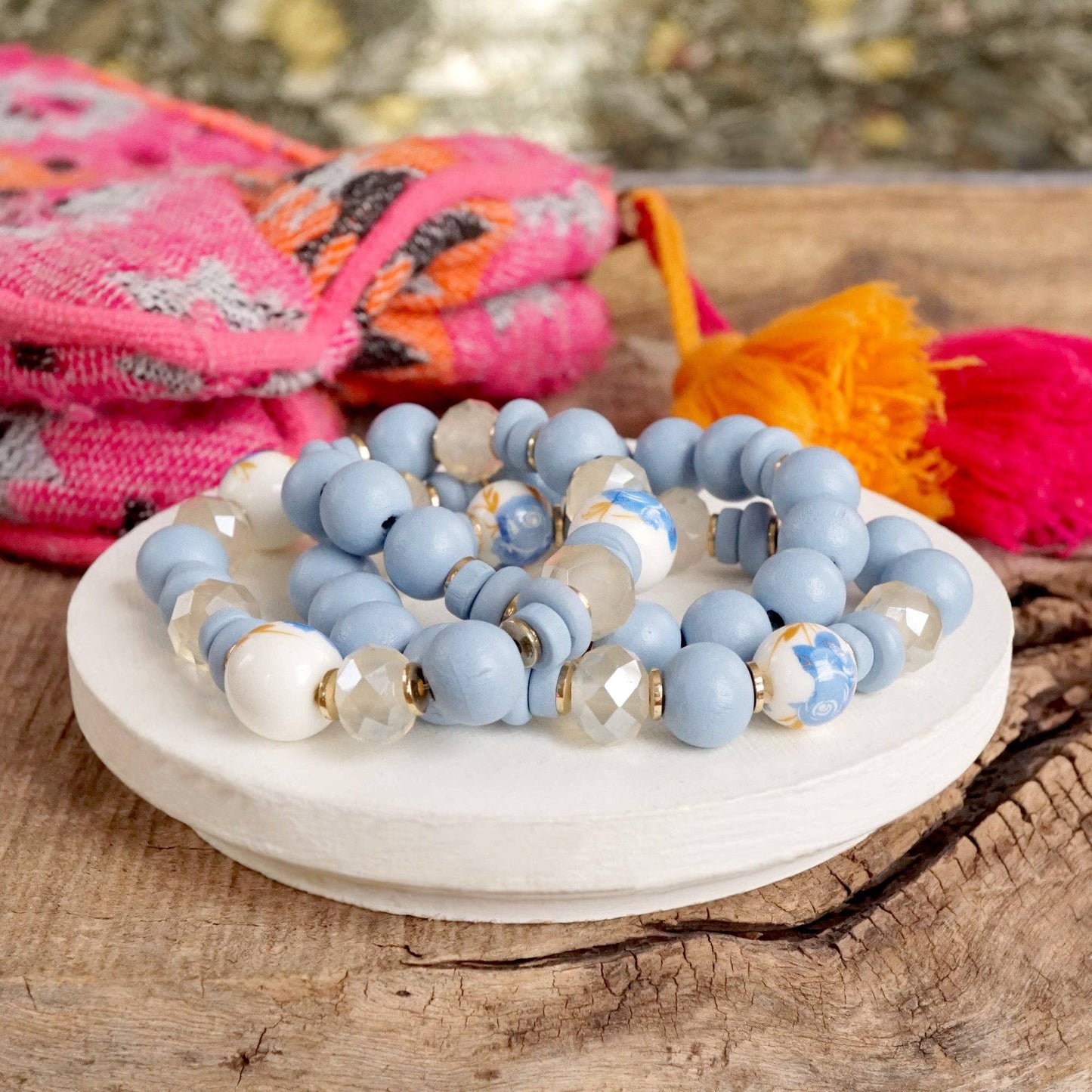 Blue Chinoiserie Wooden Glass Beads Bracelets Stack of 3 White Periwinkle