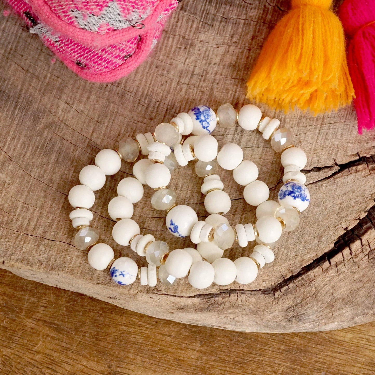 Blue Chinoiserie Wooden Glass Beads Bracelets Stack of 3 White Periwinkle