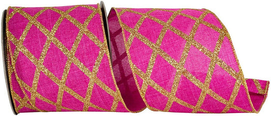 Lattice Diamond Glitter Linen Wired Edge, Fuchsia, 4 In