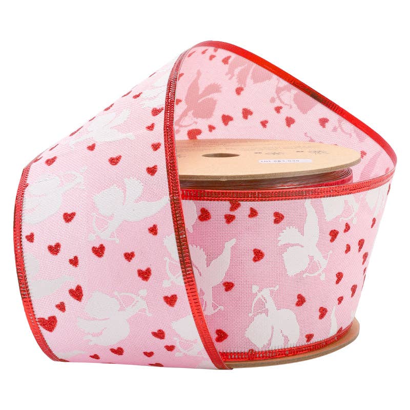 2 1/2" Wired Ribbon | Pink w/ White Cupids/ Red Glitter Hear