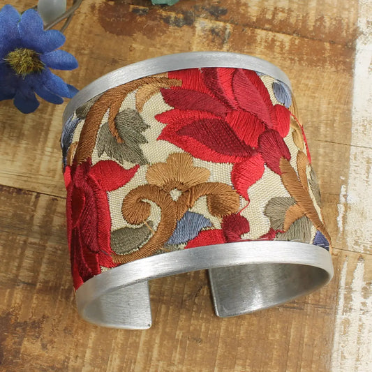Red Flower Embroidered Elegance Cuff Bracelet