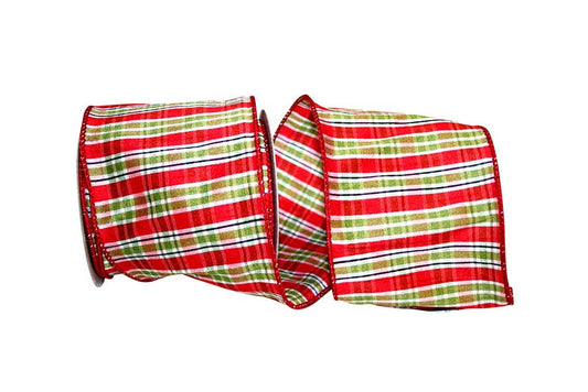 Plaid Holiday Stripe Wired Edge, Red/lime, 4 In, 10 Yards