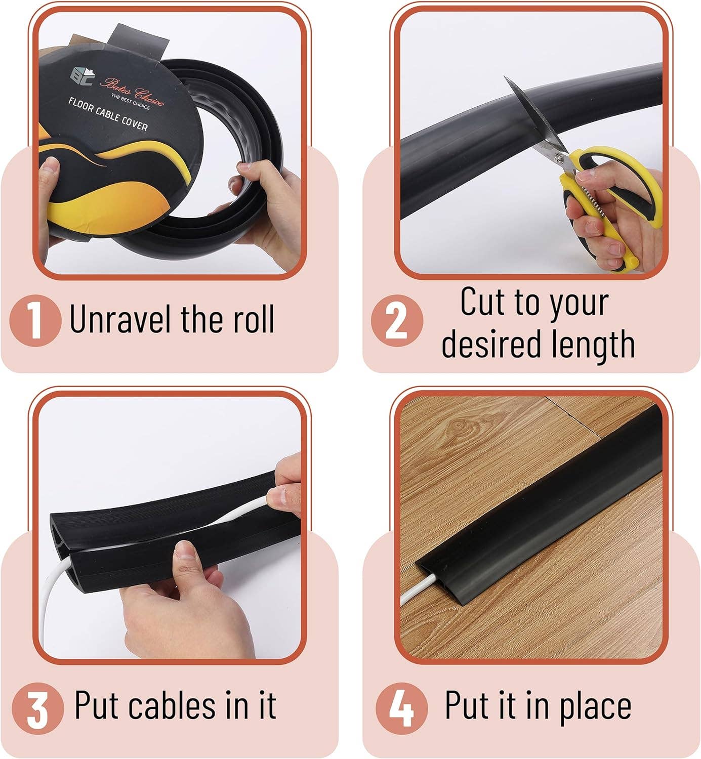 Bates- Floor Cord Cover, 6ft Cable Cover, Brown