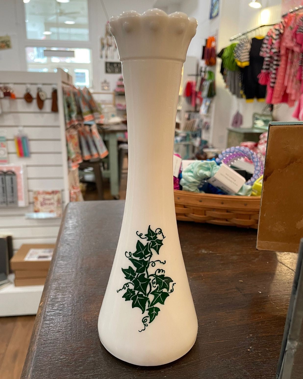 PJT Vintage Green Ivy Milk Glass Vase