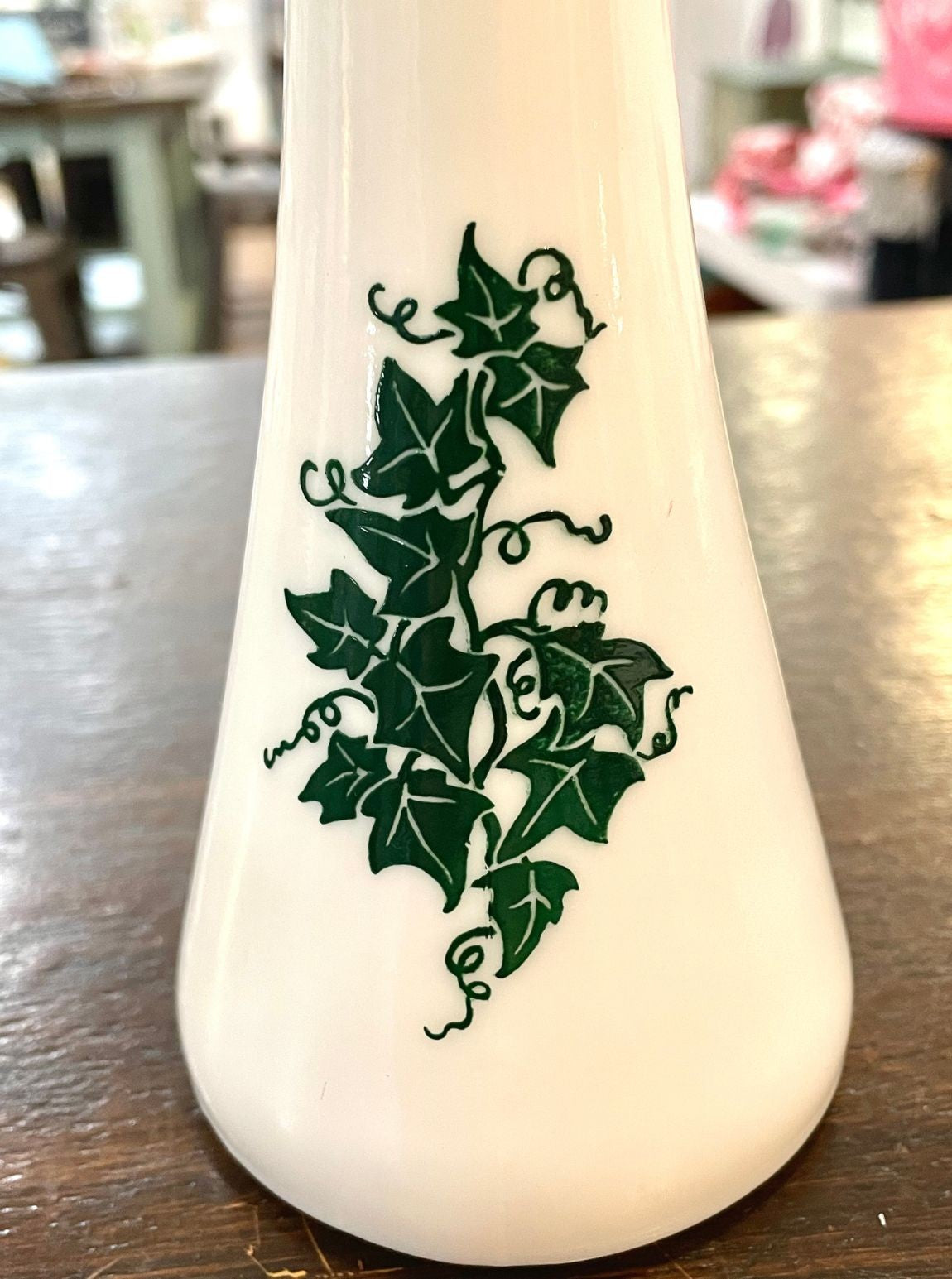 PJT Vintage Green Ivy Milk Glass Vase