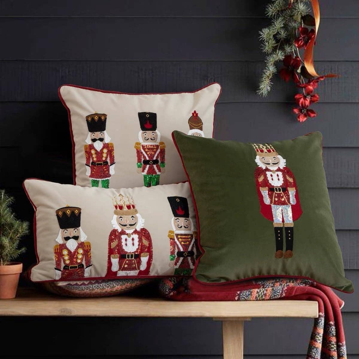 Embroidered  & Sequined Nutcracker Velvet 18" Throw Pillow