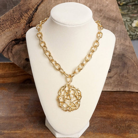 Chunky Chain Tangled Pendant Statement Necklace in Gold Tone