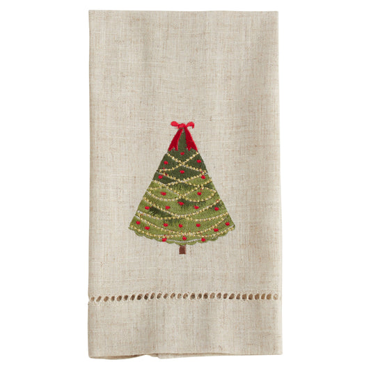 Embroidered and Hemstitched Christmas Tree Guest Towel