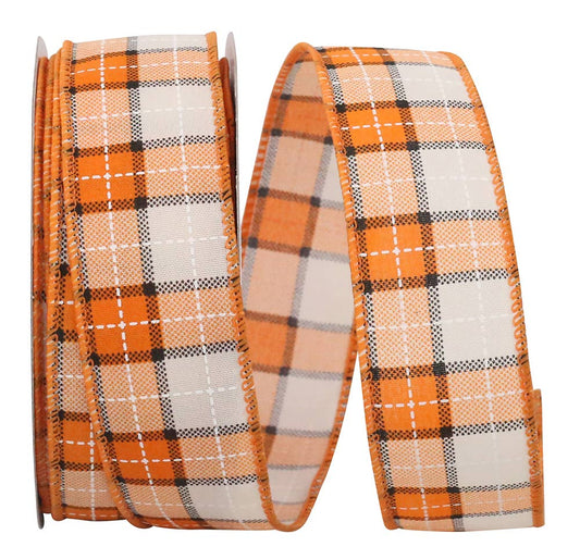 Plaid Print Stitch Tones Wired Edge, Orange/white, 1-1/2 In