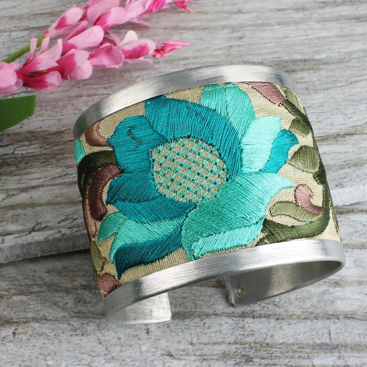 Turquoise Flower Embroidered Elegance Cuff Bracelet