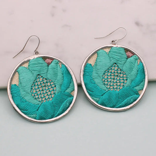 Round Embroidered Turquoise Flower Silver Earrings