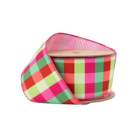 Velvet Ribbon Florescent Plaid with Stripe Backing 10yd