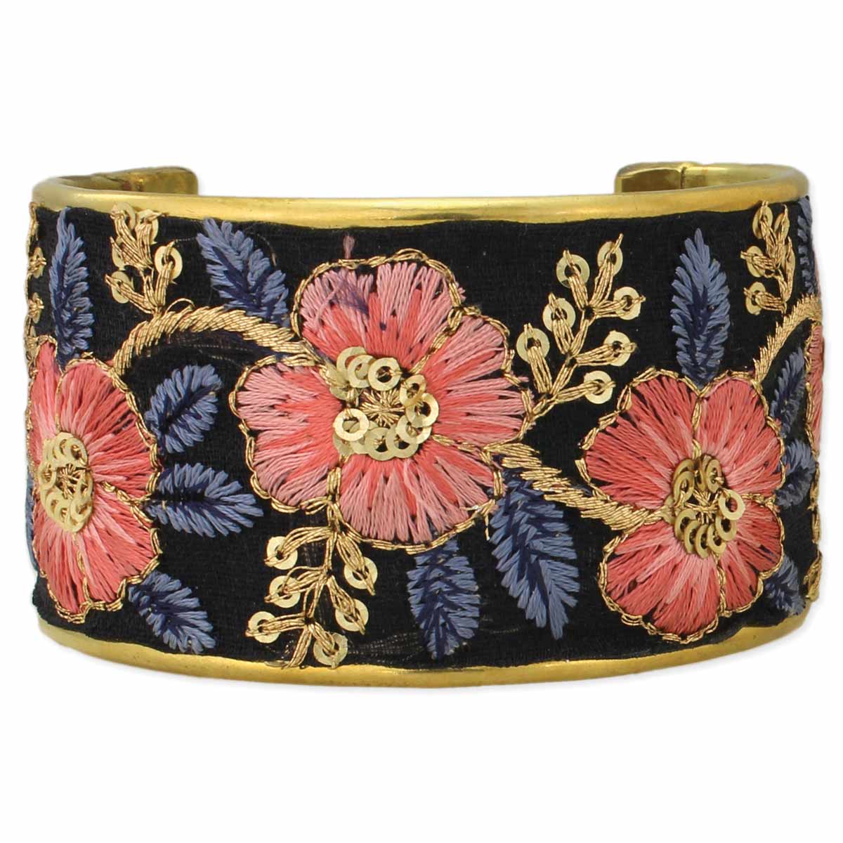 Vintage Pink Blue Embroidered Cuff Bracelet