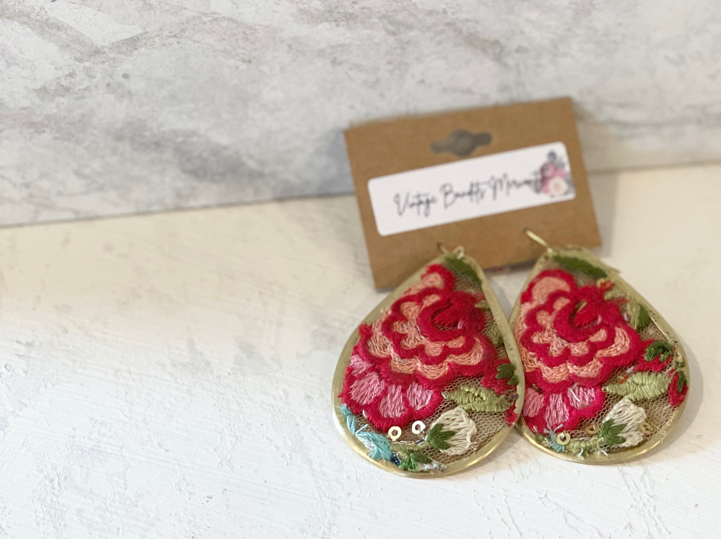 Mesh Red Flower Embroidered Elegance Earring