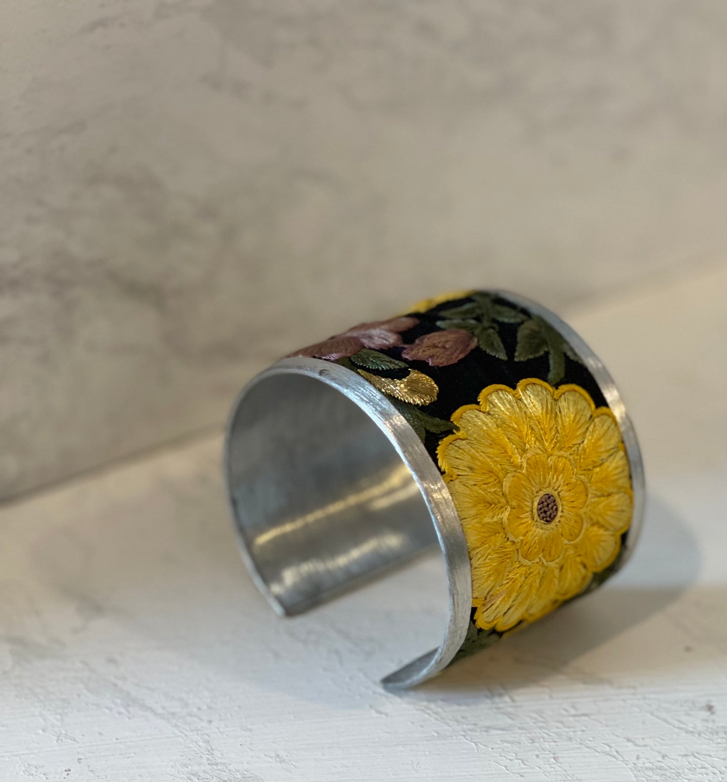 Yellow/blk Flower Embroidered Elegance Cuff Bracelet