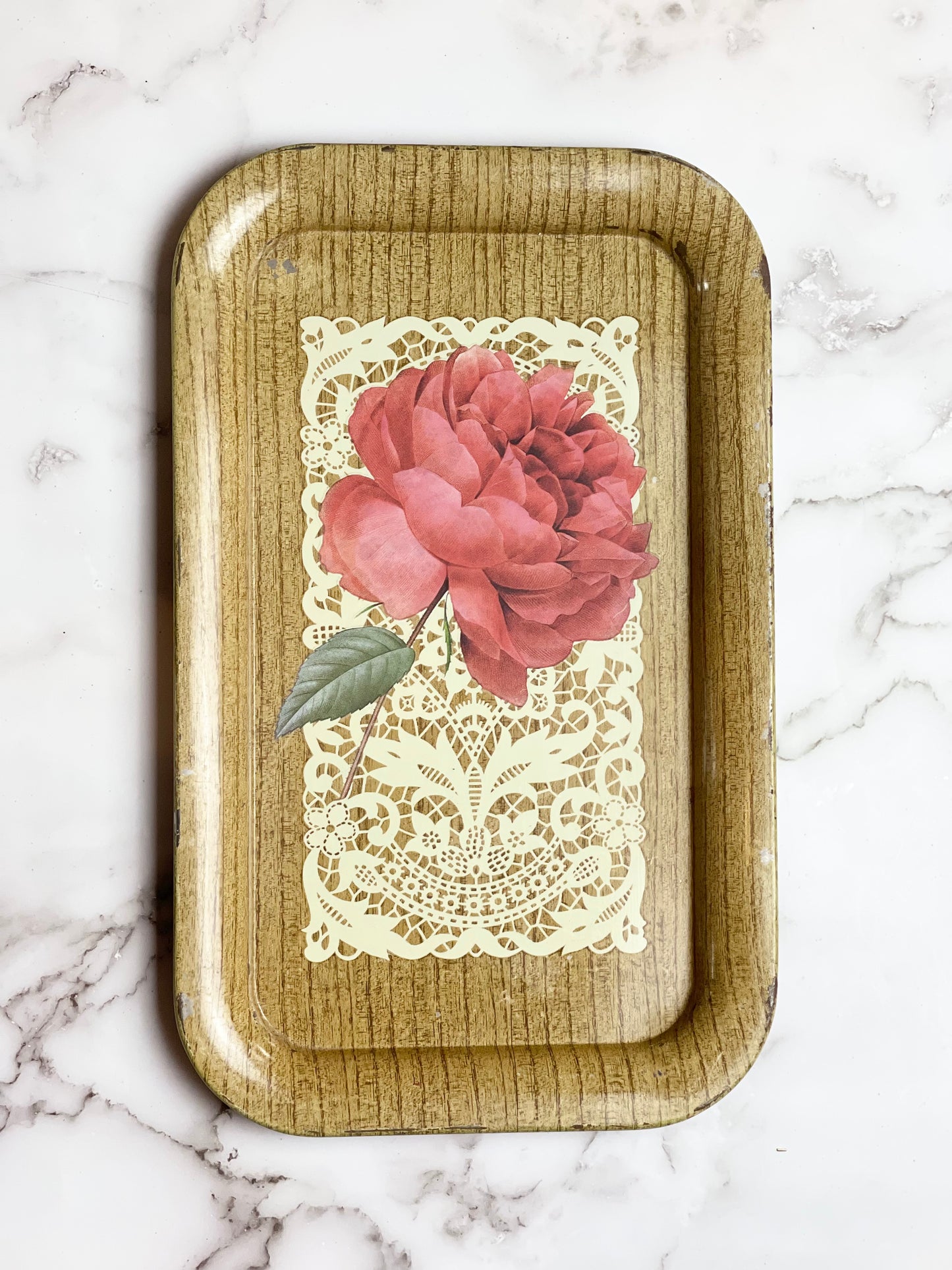 Vintage Metal Tray with red rose